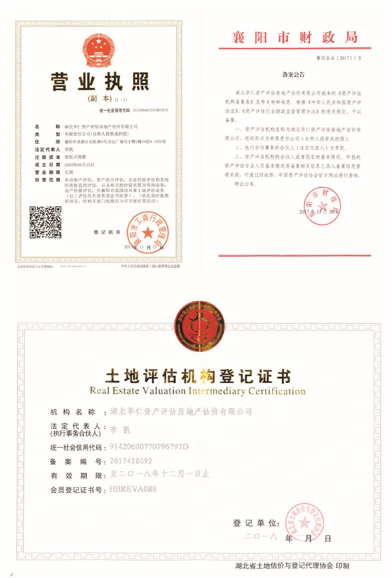 華仁資產(chǎn)評估房地產(chǎn)估價有限公司營業(yè)執(zhí)照、資產(chǎn)評估備案公告、土地評估機構登記證書.jpg