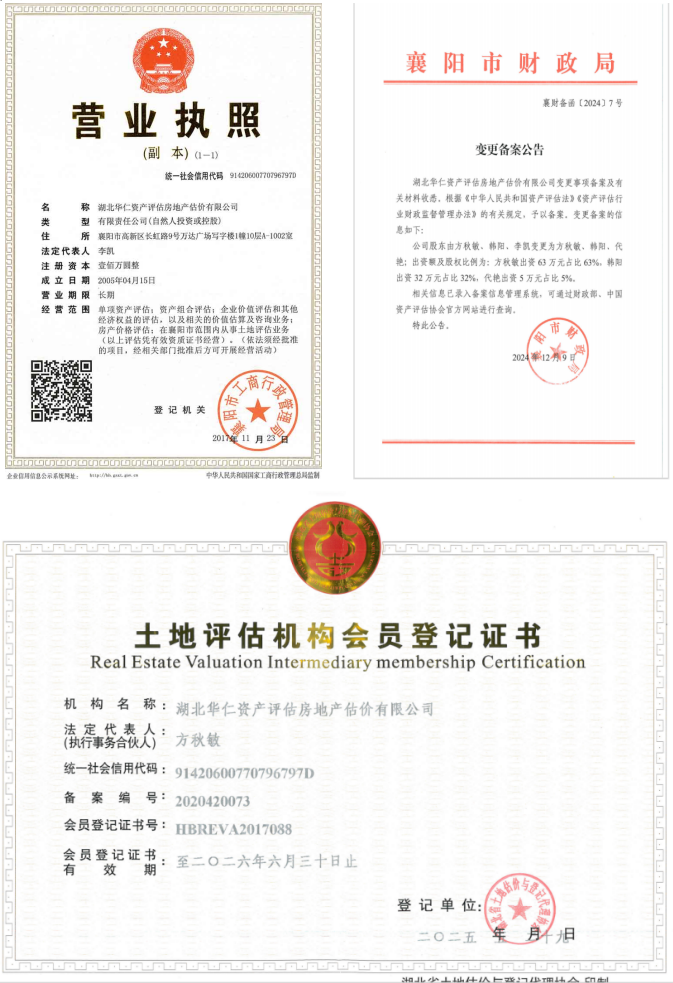 華仁資產(chǎn)評估房地產(chǎn)估價有限公司營業(yè)執(zhí)照、資產(chǎn)評估備案公告、土地評估機構(gòu)登記證書